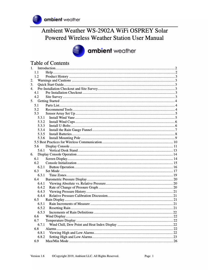 Page n°1 - Manuel utilisateur Ambient Weather WS-2902A
