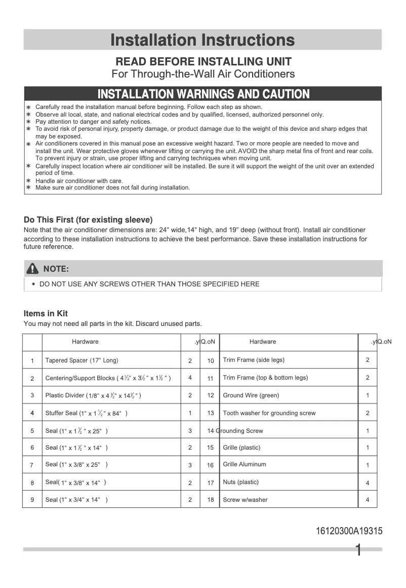 Page n°1 - Guide d'installation Frigidaire FFTA123WA1