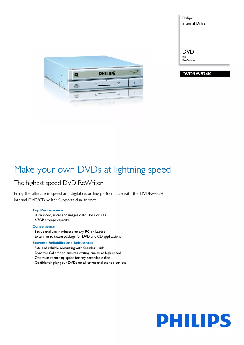 Page 1 de la notice Fiche technique Philips DVDRW824K