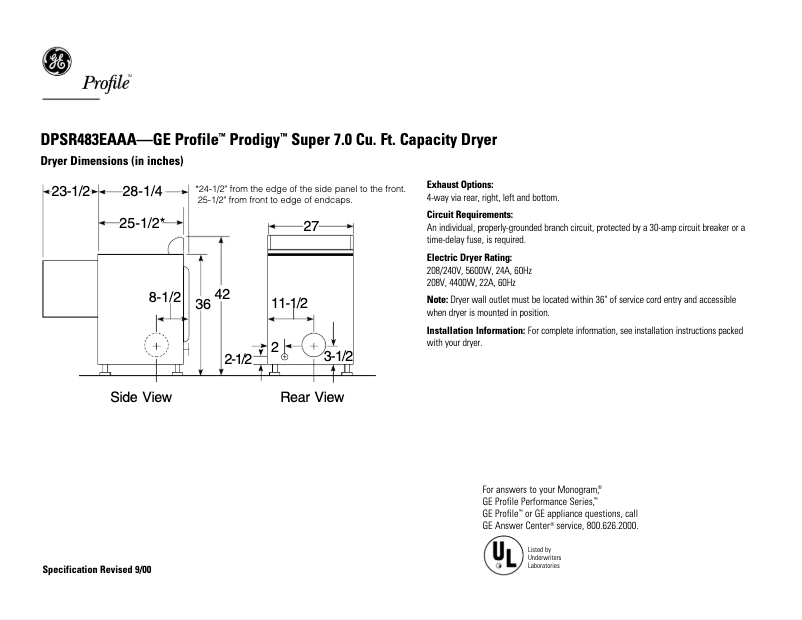 Image de la première page du manuel de l'appareil Profile Prodigy DPSR483EAAA