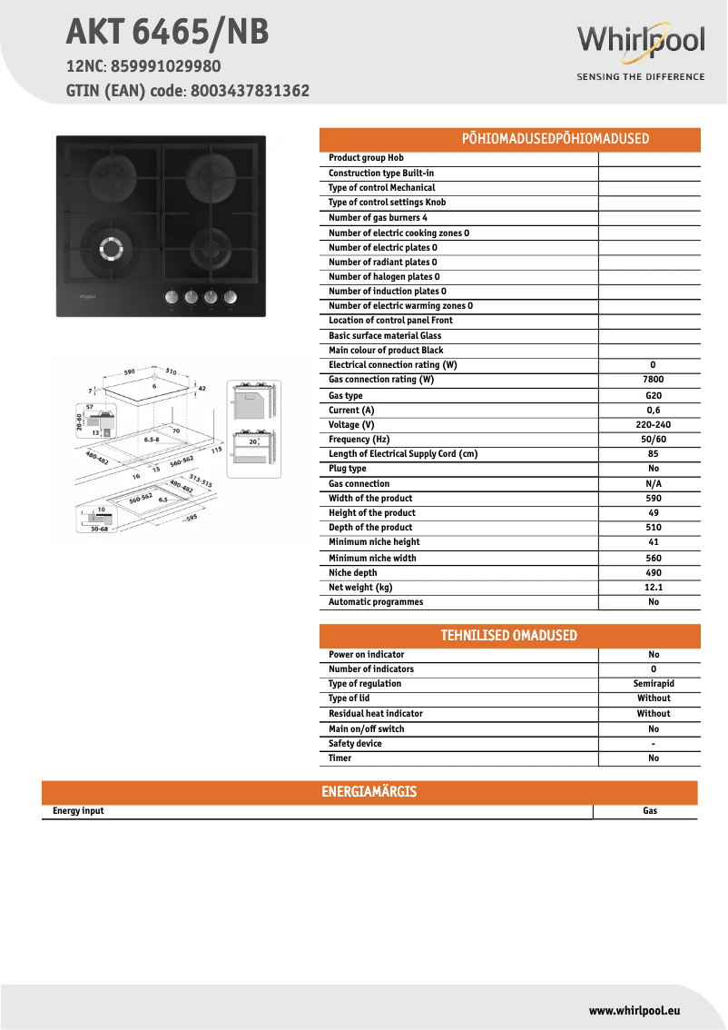 Page 1 de la notice Fiche technique Whirlpool AKT 6465/NB