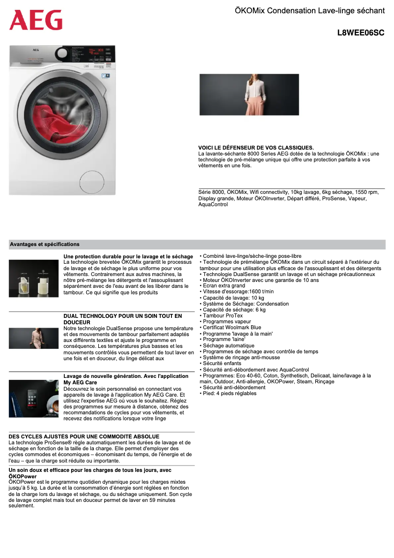 Page n°1 - Fiche technique AEG L8WEE06SC