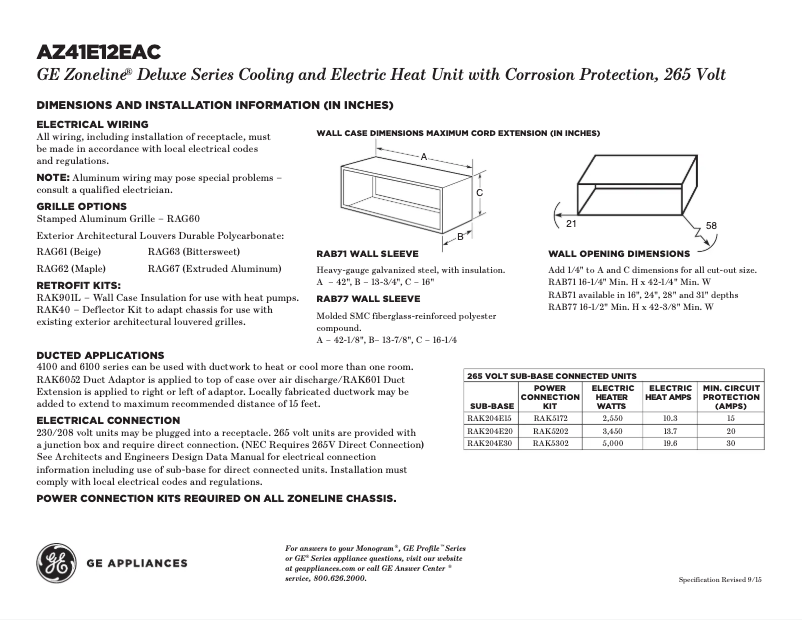 Página 1 del manual Ficha técnica GE AZ41E12EAC Zoneline