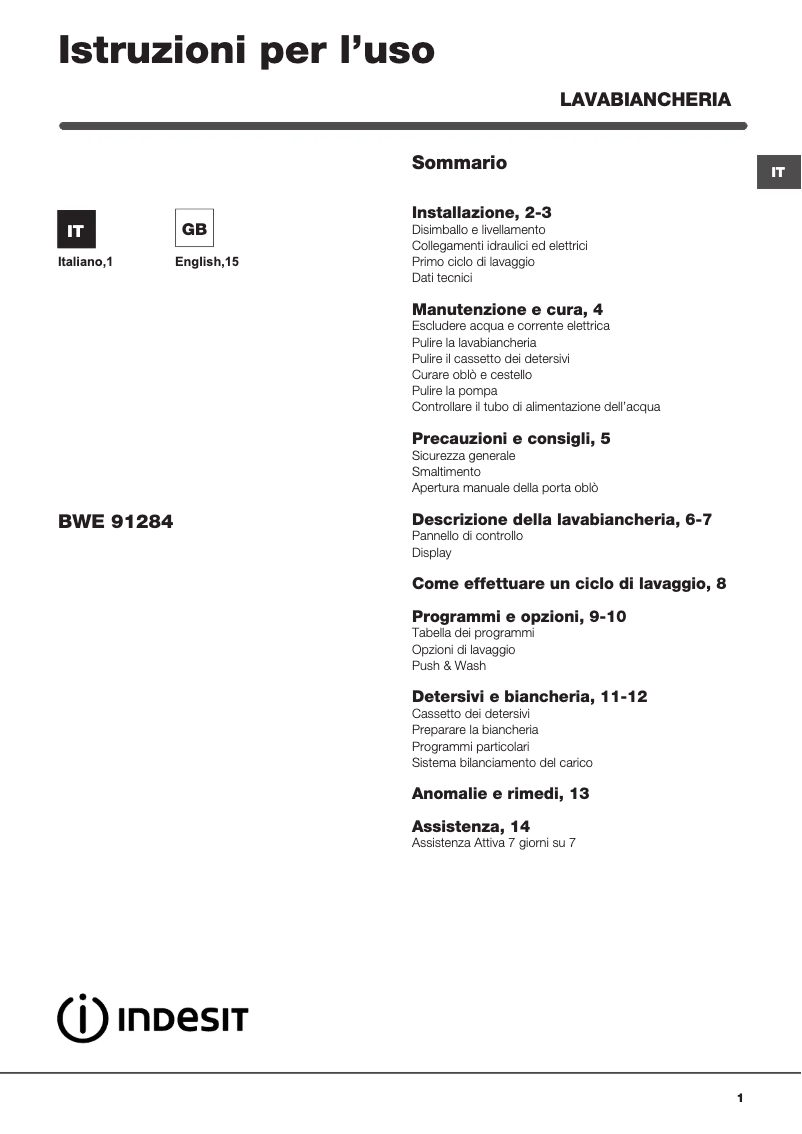 Page 1 de la notice Manuel utilisateur Indesit BWE 91284X WSSS IT