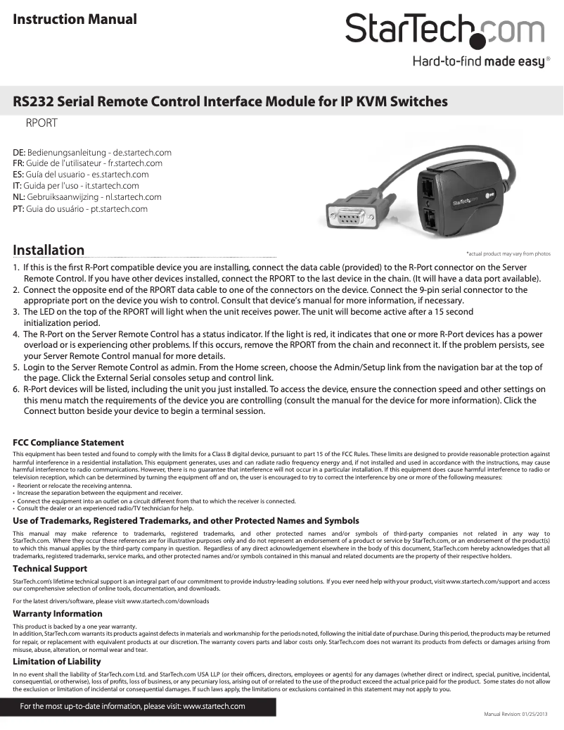 Page n°1 - Manuel utilisateur StarTech.com RPORT