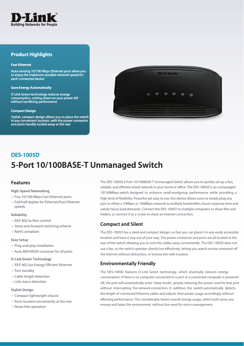 Page 1 de la notice Fiche technique D-Link DES-1005D