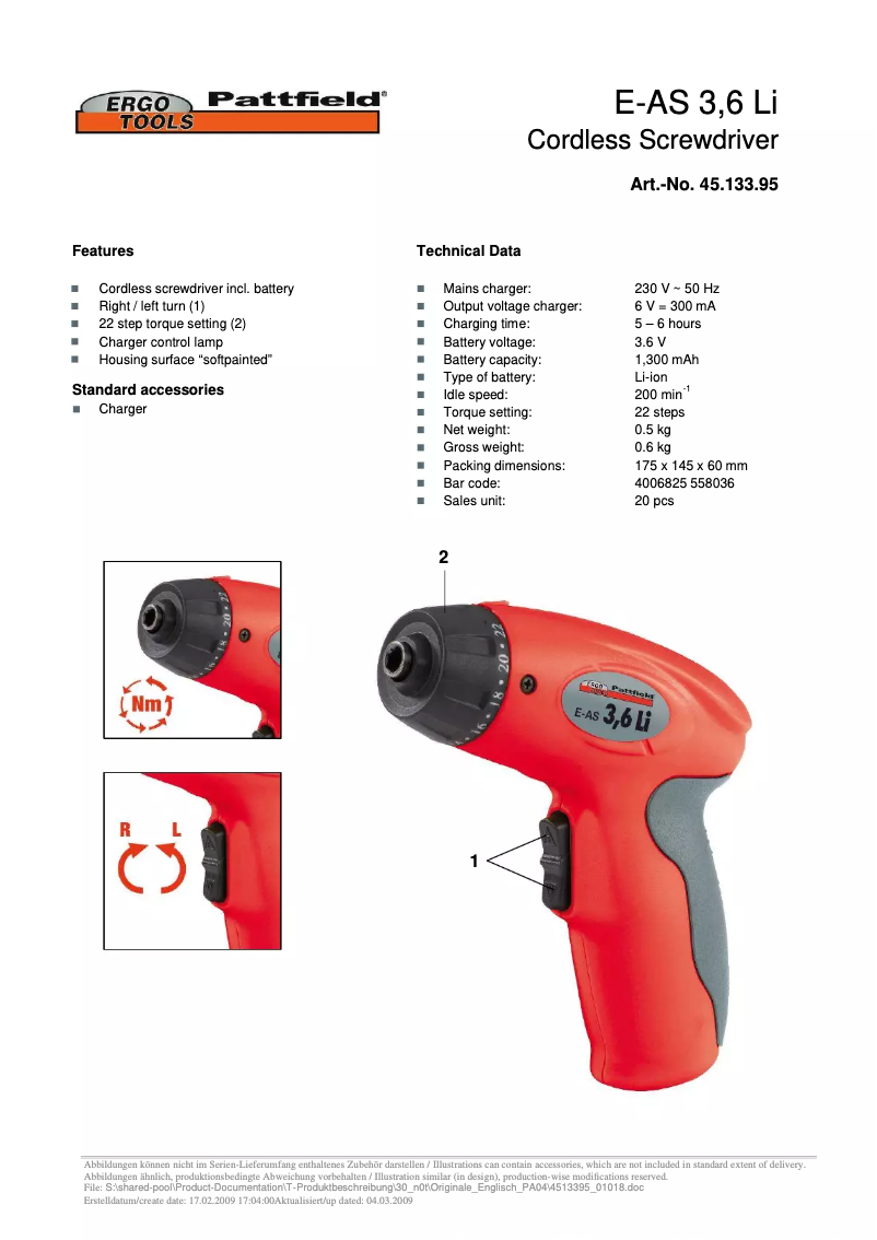 Image de la première page du manuel de l'appareil E-AS  3,6 Li