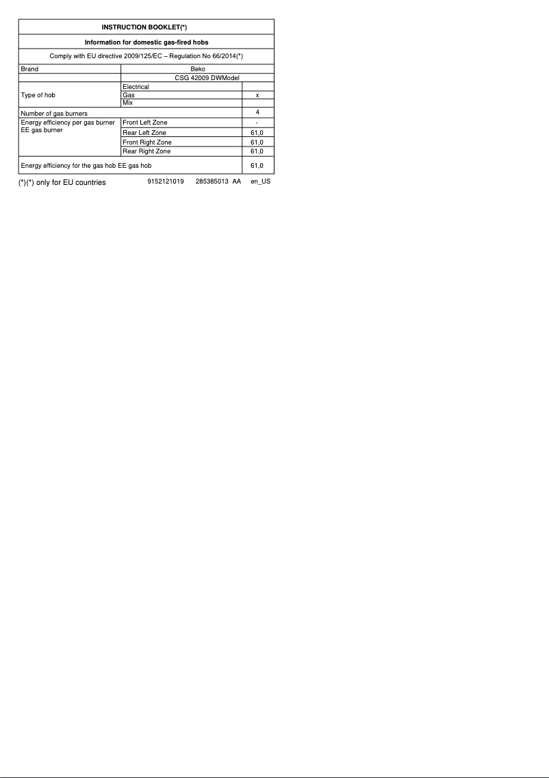 Page 1 de la notice Fiche technique Beko CSG 42009 DW