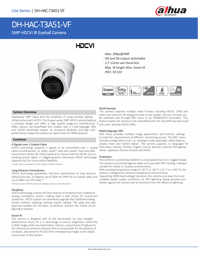 Page n°1 - Fiche technique Dahua Technology HAC-T3A51-VF