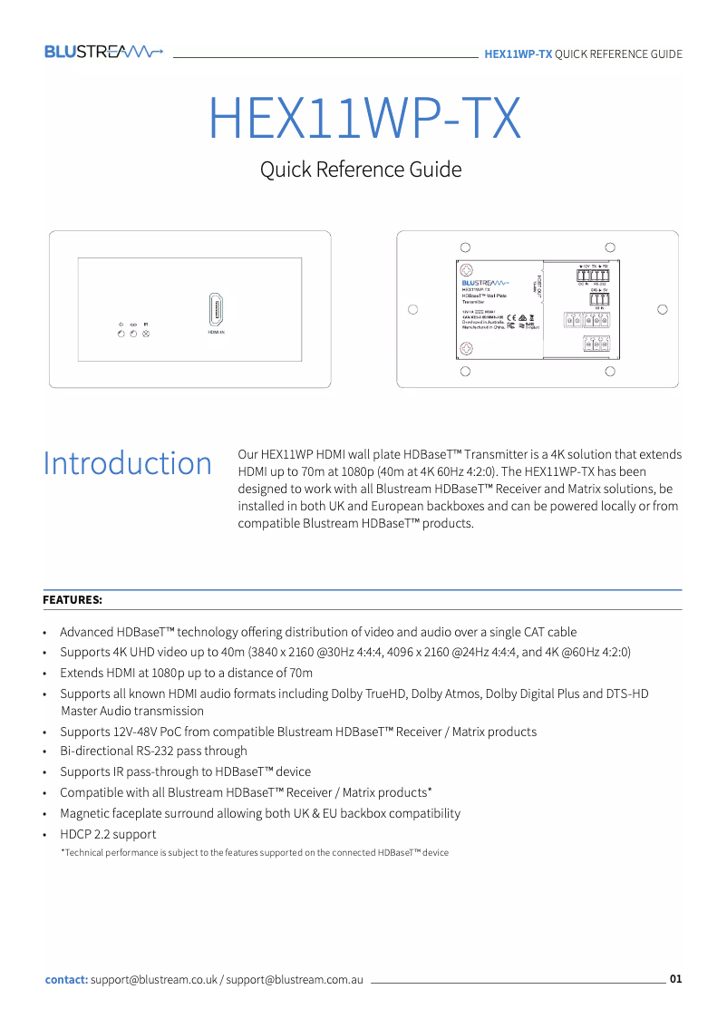 Page 1 de la notice Manuel utilisateur Blustream HEX11WP-TX