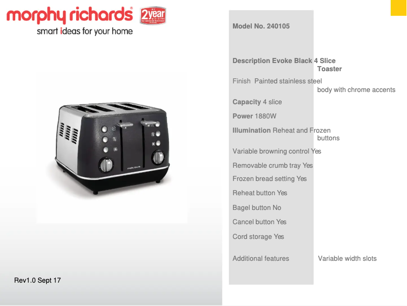 Page 1 de la notice Fiche technique Morphy Richards Evoke 240105