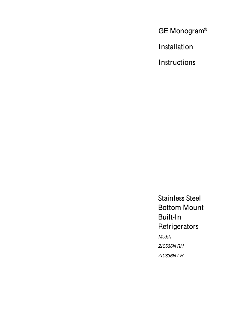 Página 1 del manual Guía de instalación GE ZICS36NARH