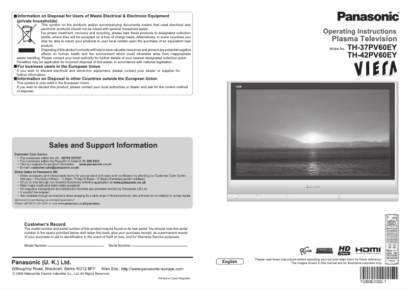 Page 1 de la notice Manuel utilisateur Panasonic Viera TH-42PV60EY