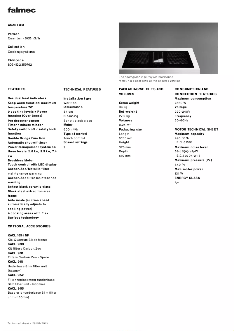Page n°1 - Fiche technique Falmec Quantum