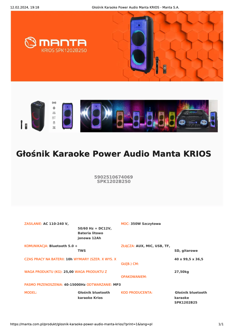 Page n°1 - Manuel utilisateur Manta KRIOS SPK1202B250