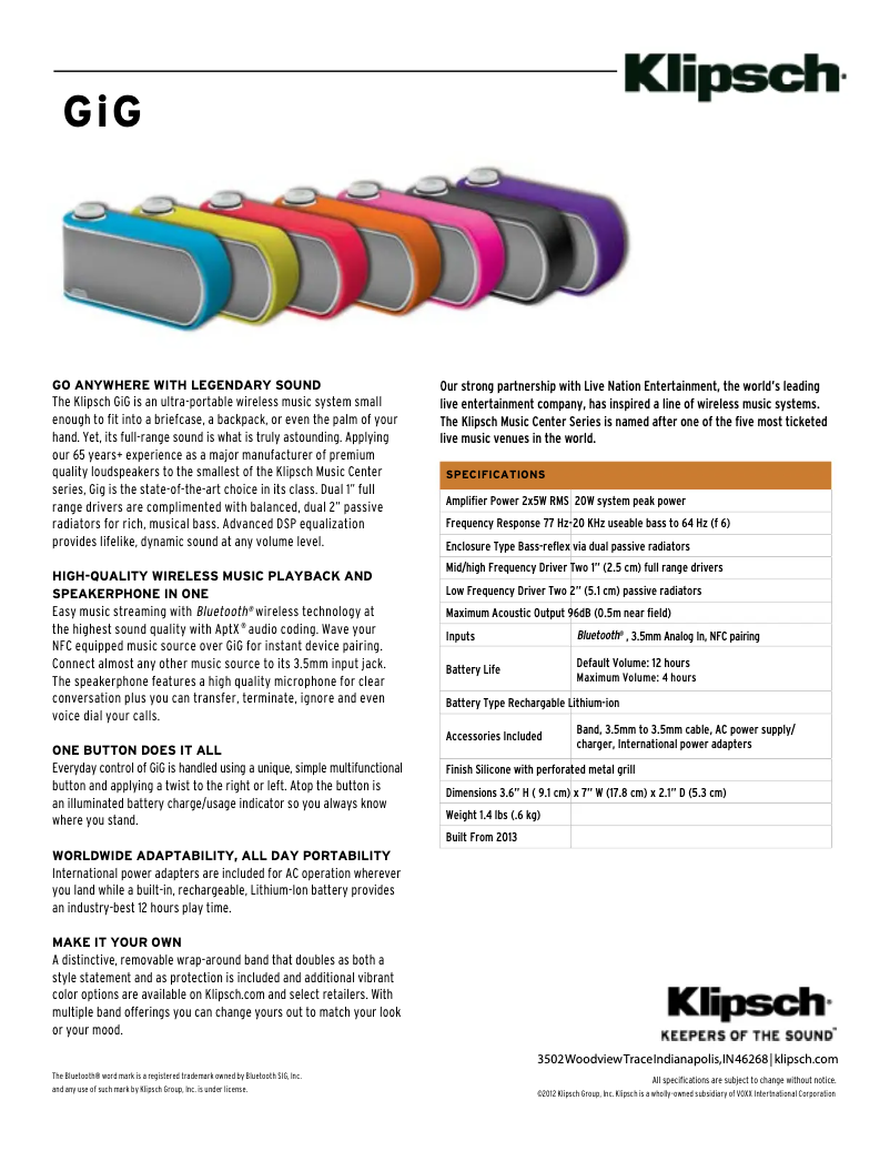 Page n°1 - Fiche technique Klipsch GiG