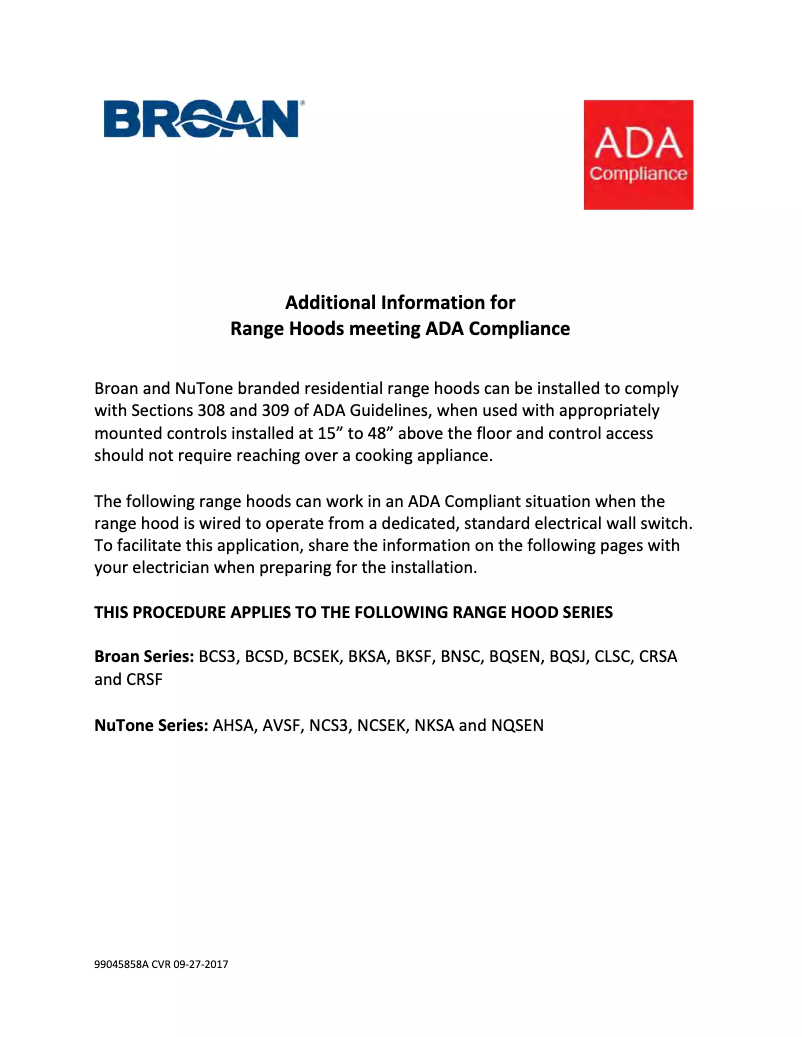 Page n°1 - Instructions / montage Broan BNSC130WW