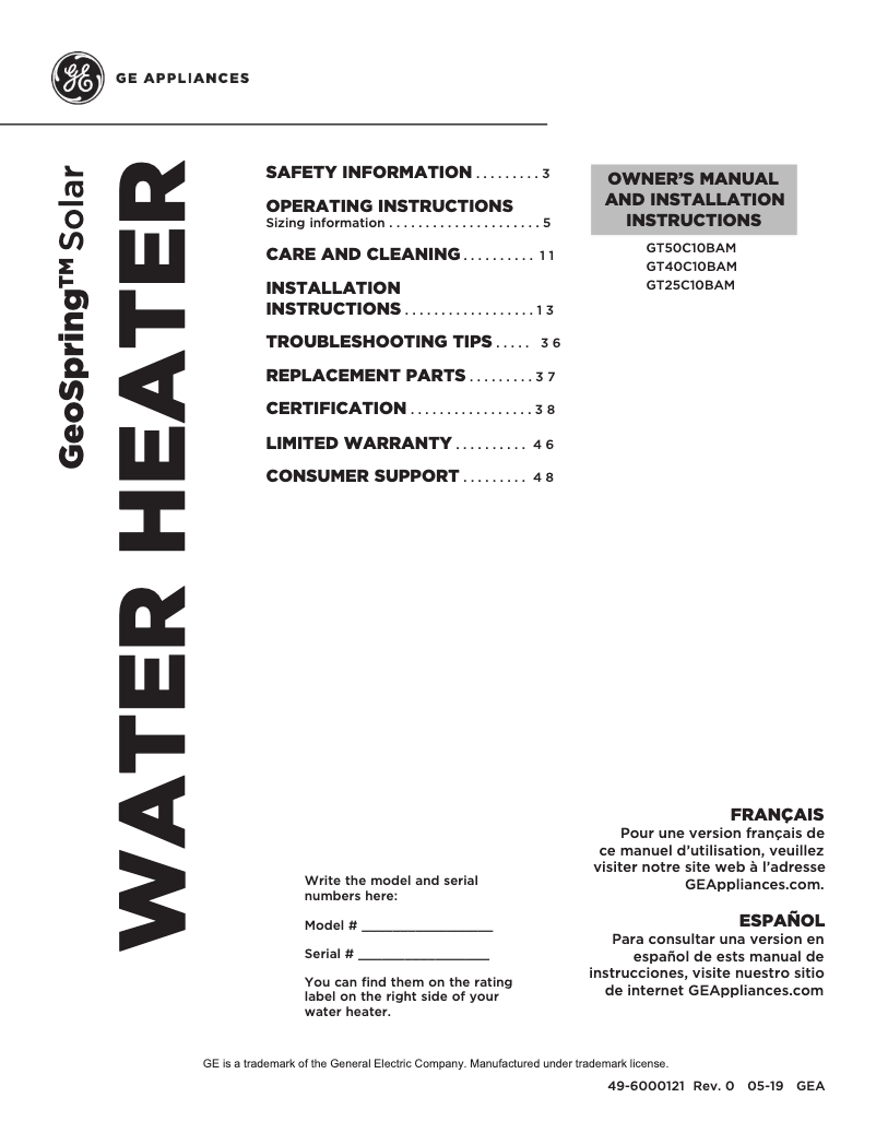 Page n°1 - Guide d'installation GE GeoSpring GT50C10BAM