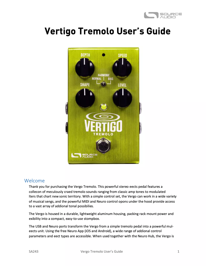 Page 1 de la notice Manuel utilisateur Source Audio Vertigo Tremolo