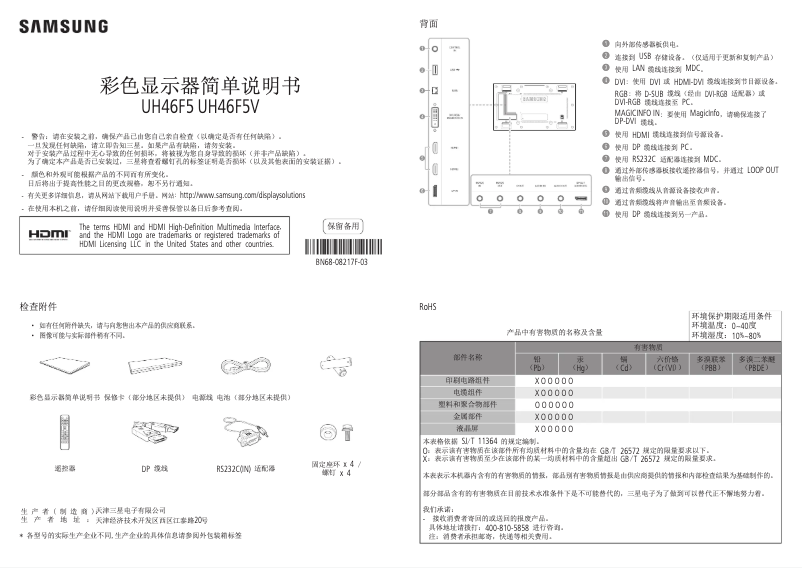 Page 1 de la notice Guide de démarrage rapide Samsung UH46F5V