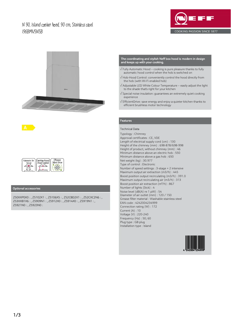 Page 1 de la notice Fiche technique Neff I96BMV5N5B