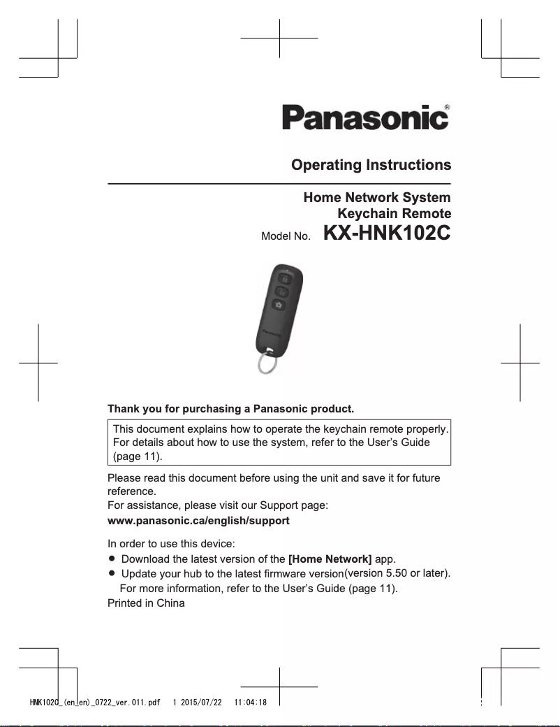 Page 1 de la notice Manuel utilisateur Panasonic KX-HNK102