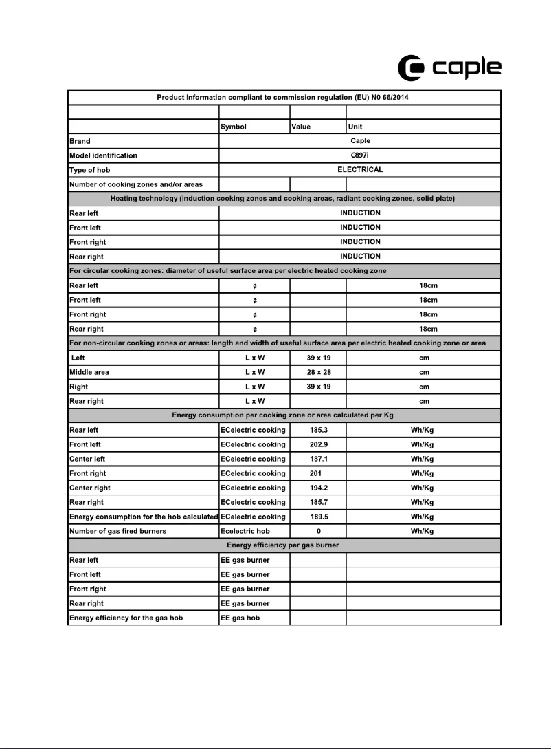 Page 1 de la notice Fiche technique Caple C897I
