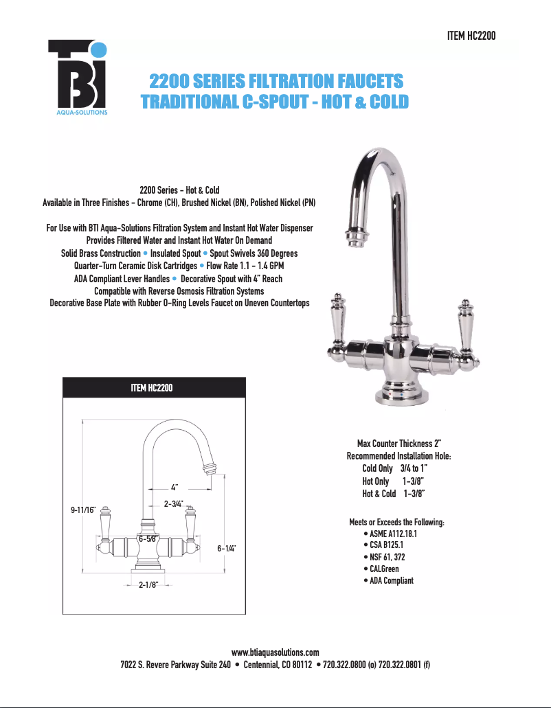 Page n°1 - Fiche technique BTI Aqua-Solutions HC2200