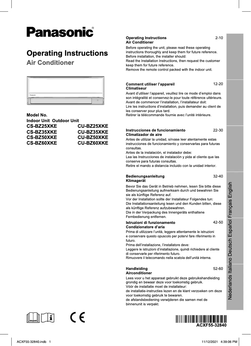 Page 1 de la notice Manuel utilisateur Panasonic CU-BZ50XKE