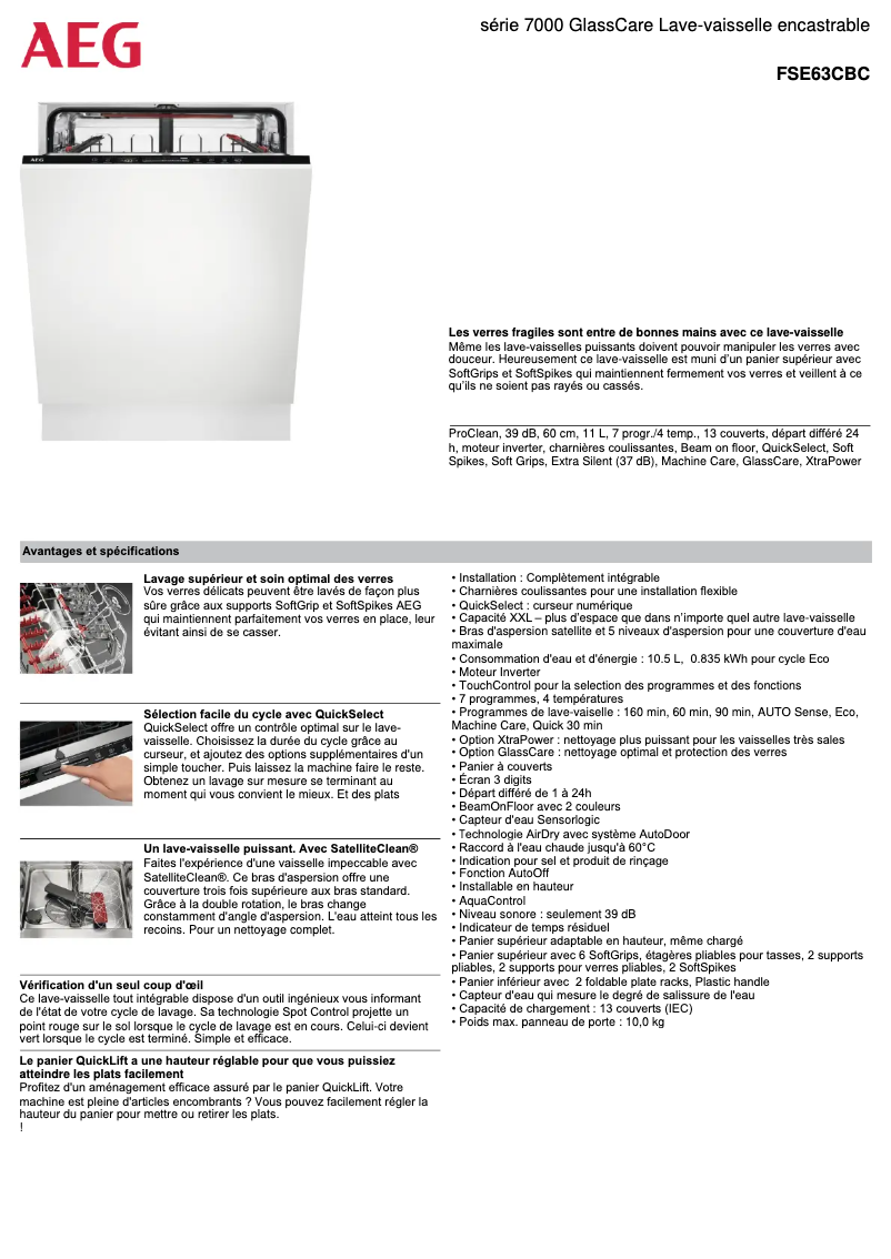 Page 1 de la notice Fiche technique AEG FSE63CBC