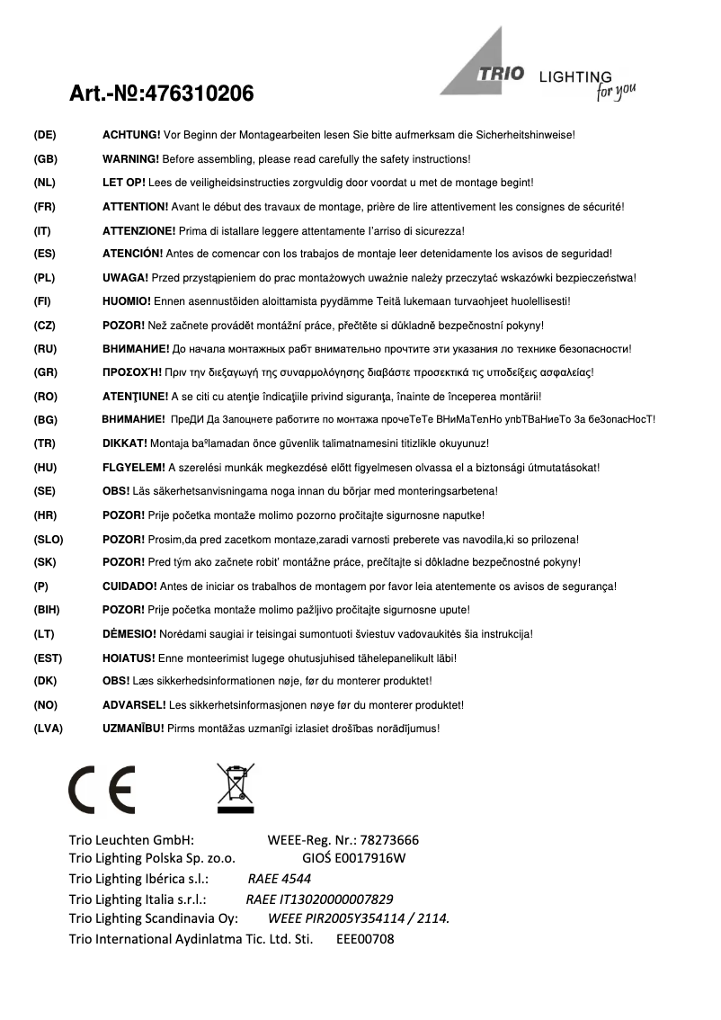 Page 1 de la notice Manuel utilisateur Trio Lighting Portofino 476310206