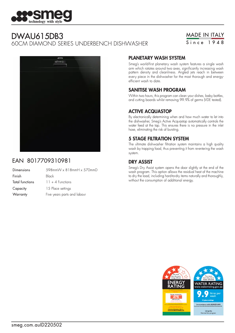 Page 1 de la notice Fiche technique Smeg DWAU615DB3