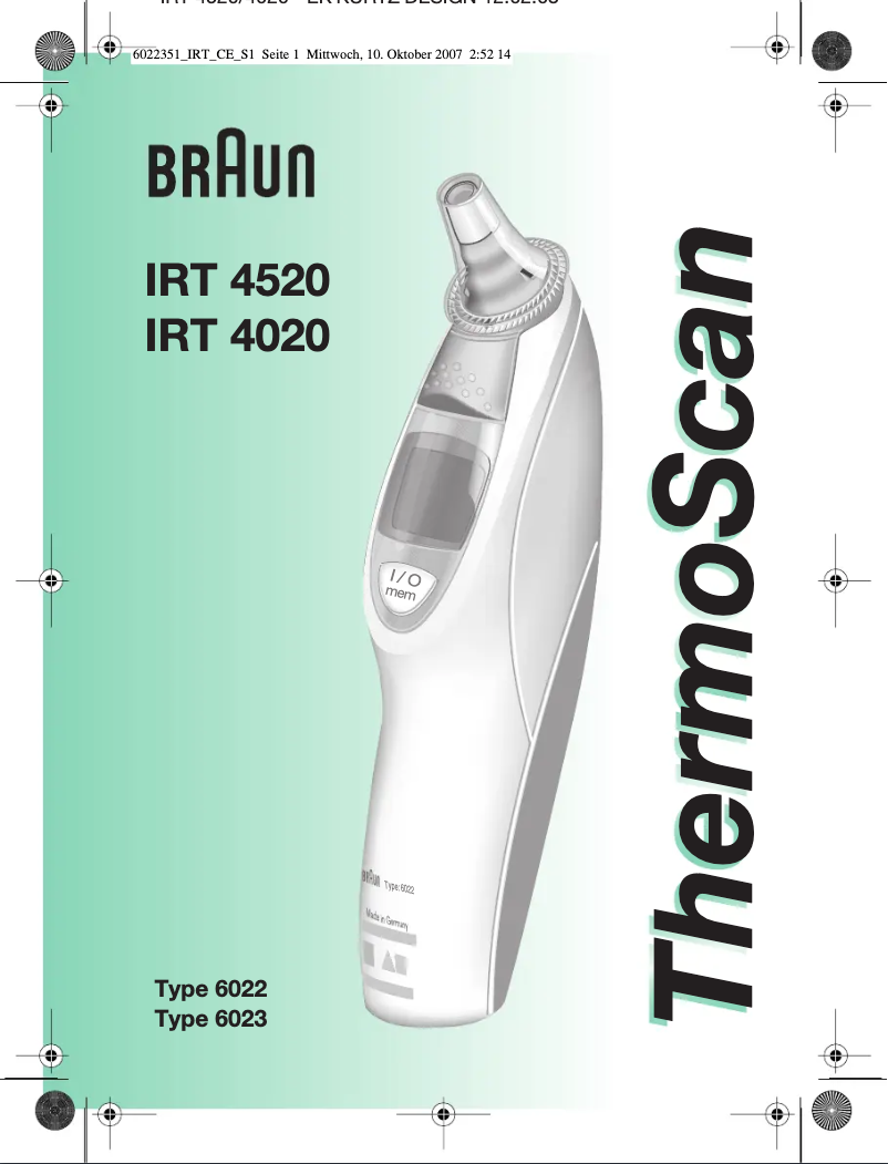Page 1 de la notice Manuel utilisateur Braun Thermoscan 6023