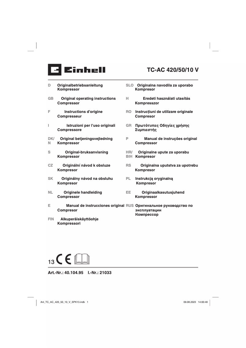 Page 1 de la notice Manuel utilisateur Einhell TC-AC 420/50/10 V