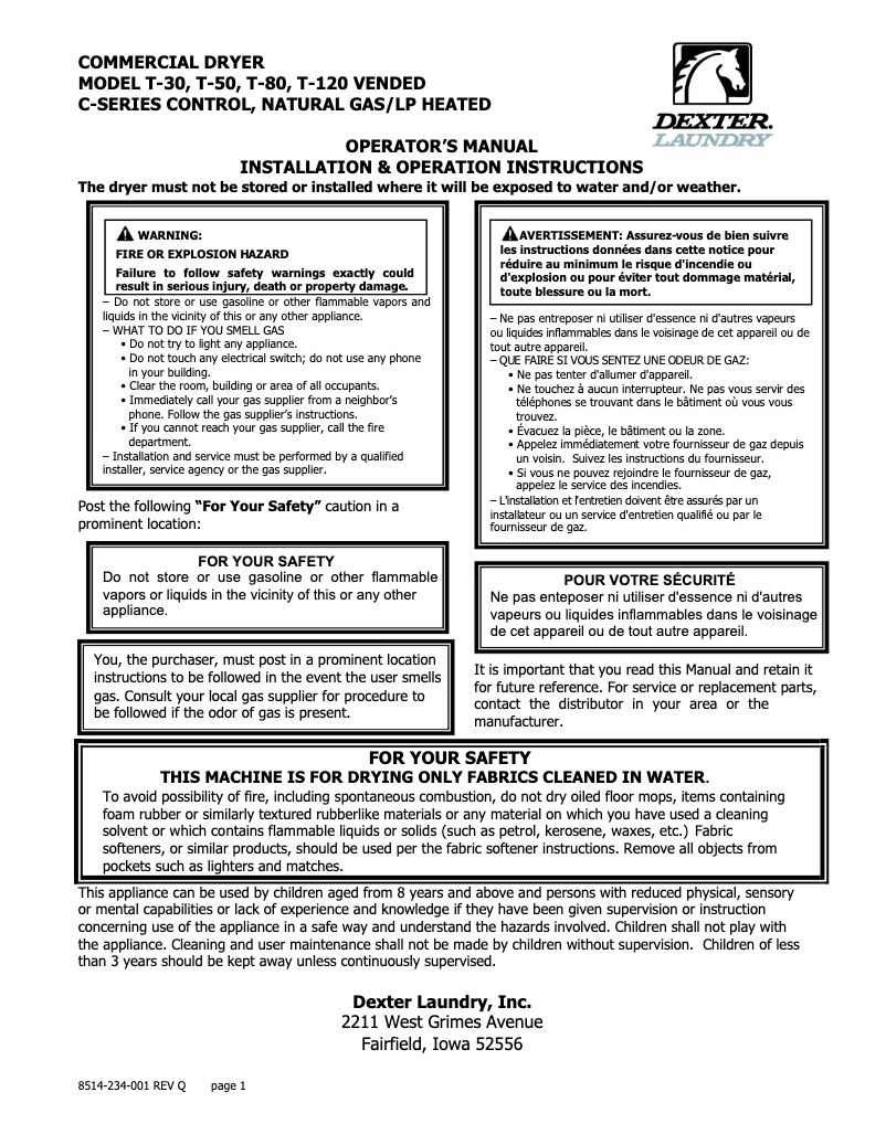 Page 1 de la notice Manuel utilisateur Dexter Laundry T-120