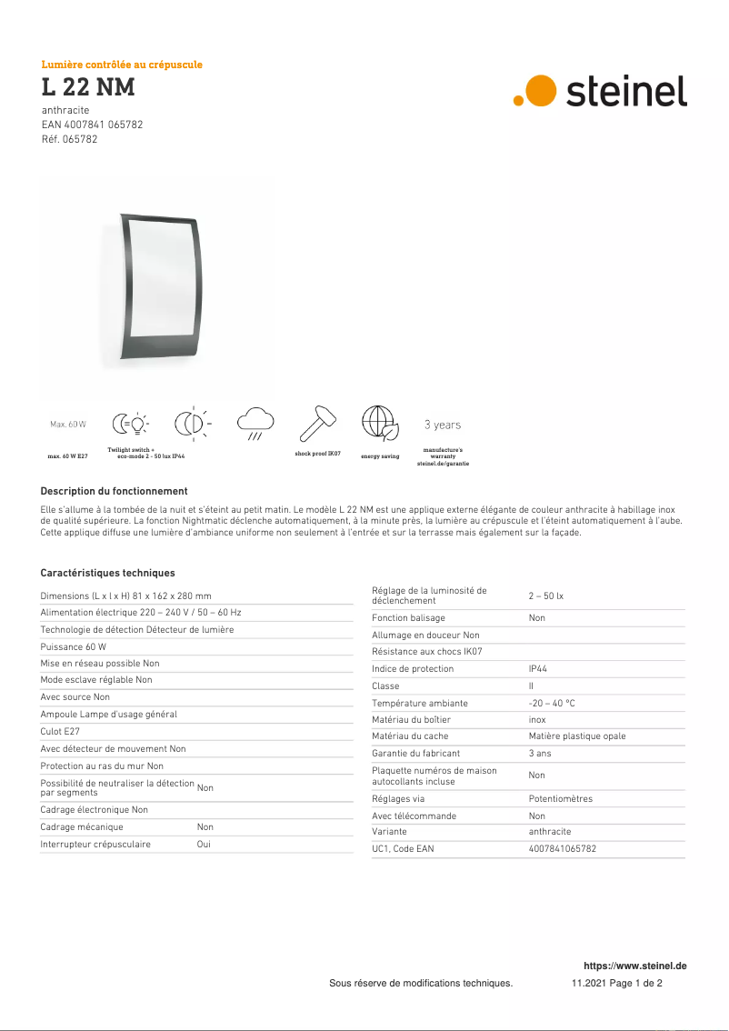 Page n°1 - Fiche technique Steinel L 22