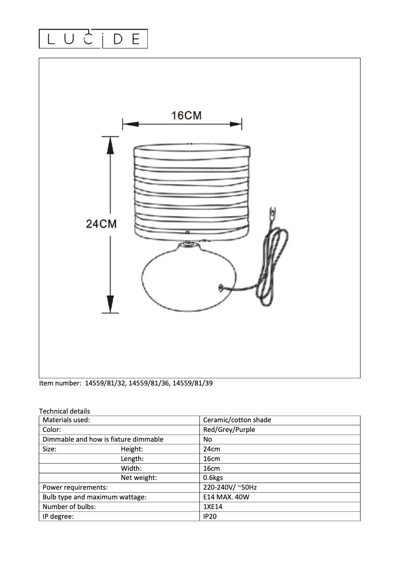 Page n°1 - Manuel utilisateur Lucide Tina 14559/81/39