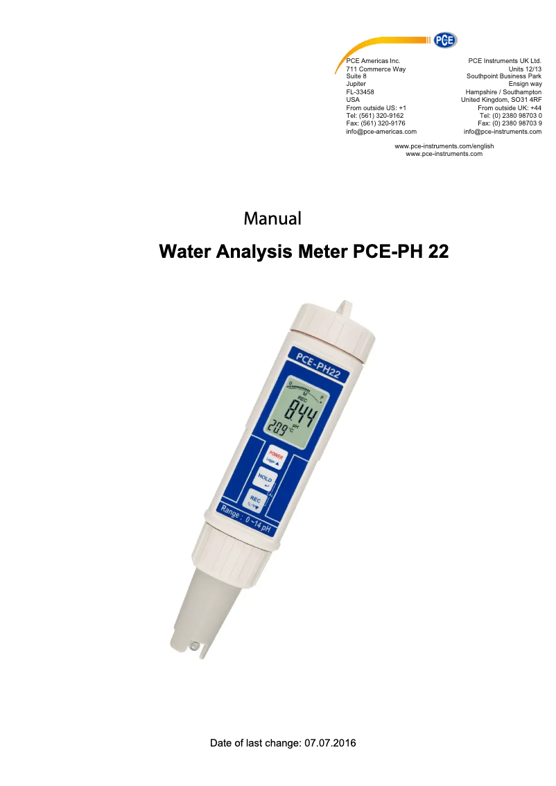 Page 1 de la notice Manuel utilisateur PCE Instruments PCE-PH 22