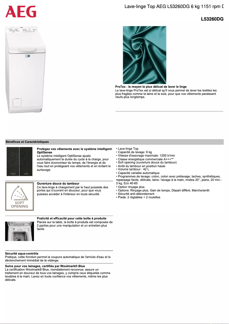Page 1 de la notice Fiche technique AEG L53260DG