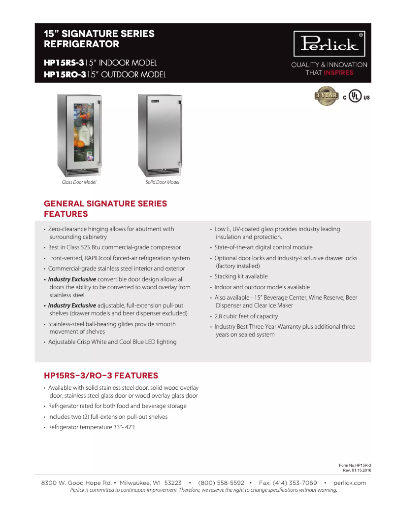 Page n°1 - Fiche technique Perlick Signature Series HP15RS-3-1L