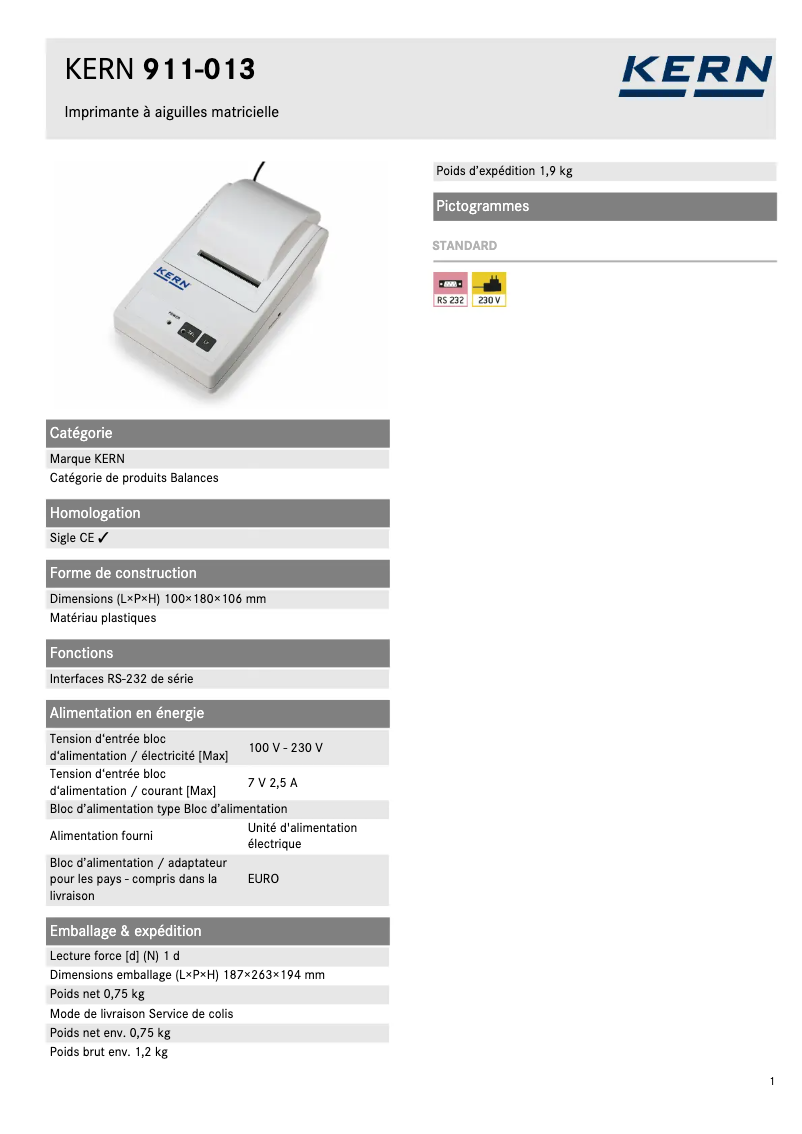 Page 1 de la notice Fiche technique Kern 911-013