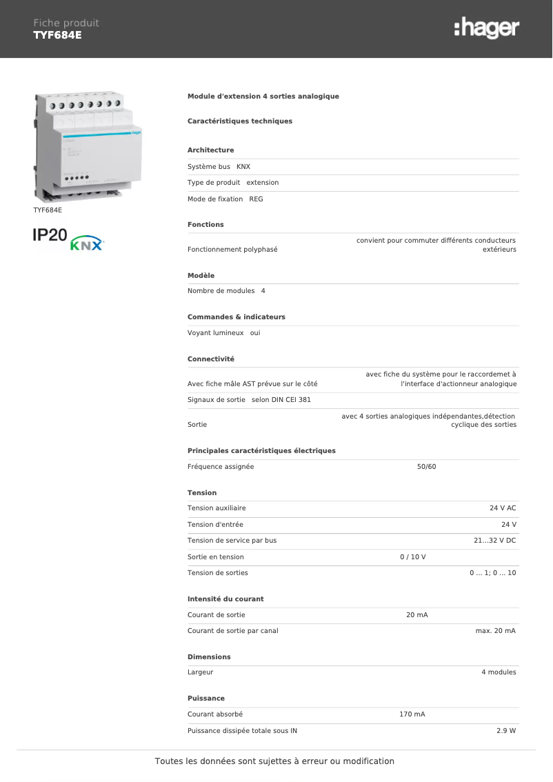 Page n°1 - Fiche technique Hager TYF684E