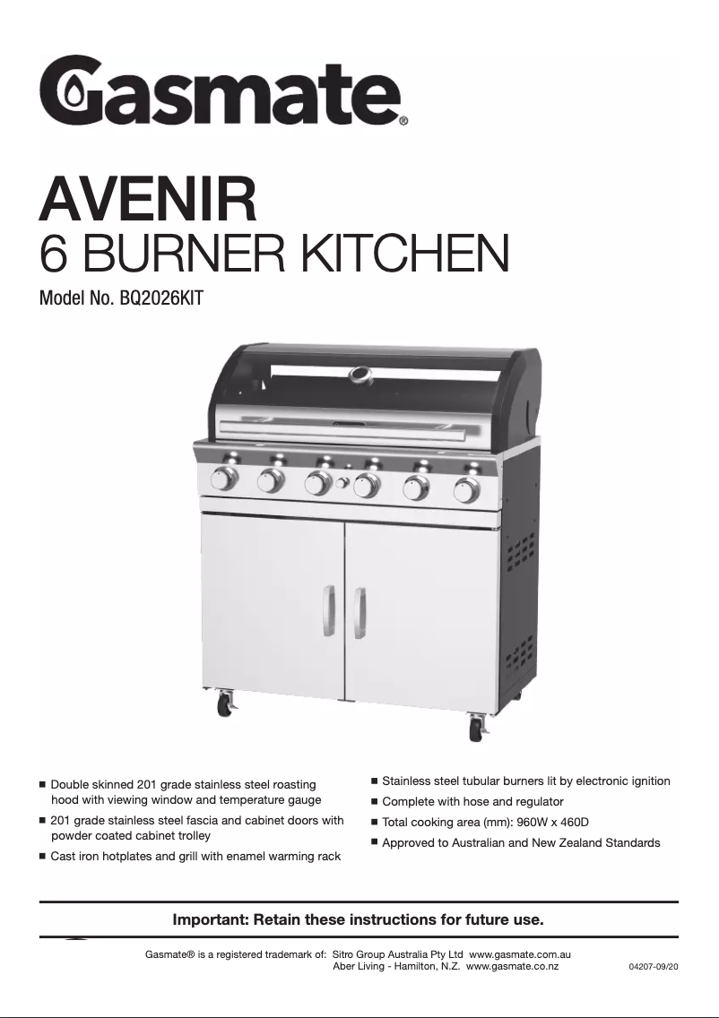 Page n°1 - Manuel utilisateur Gasmate Avenir BQ2026KIT