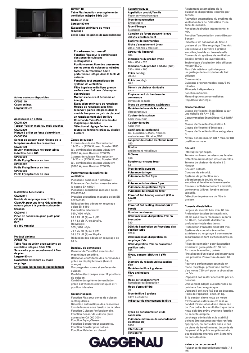 Page 1 de la notice Fiche technique Gaggenau CV282110