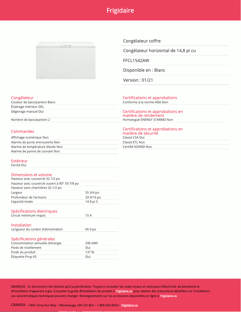 Page 1 de la notice Fiche technique Frigidaire FFCL1542AW