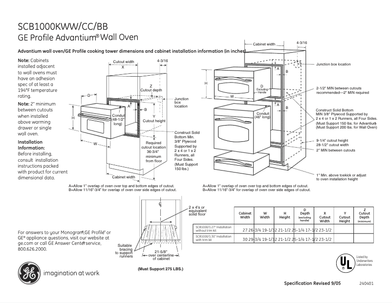 Page 1 de la notice Fiche technique GE SCB1000KWW
