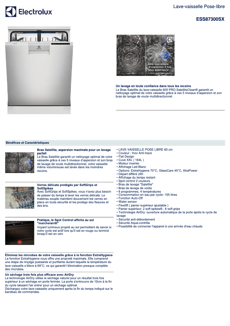 Page 1 de la notice Fiche technique Electrolux ESS87300SX