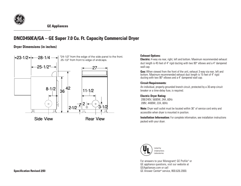 Page 1 of the manual Technical Sheet GE DNCD450GAWC
