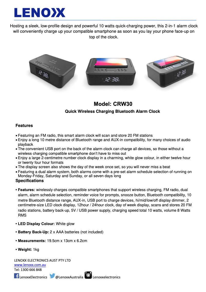 Page 1 de la notice Fiche technique Lenoxx CRW30