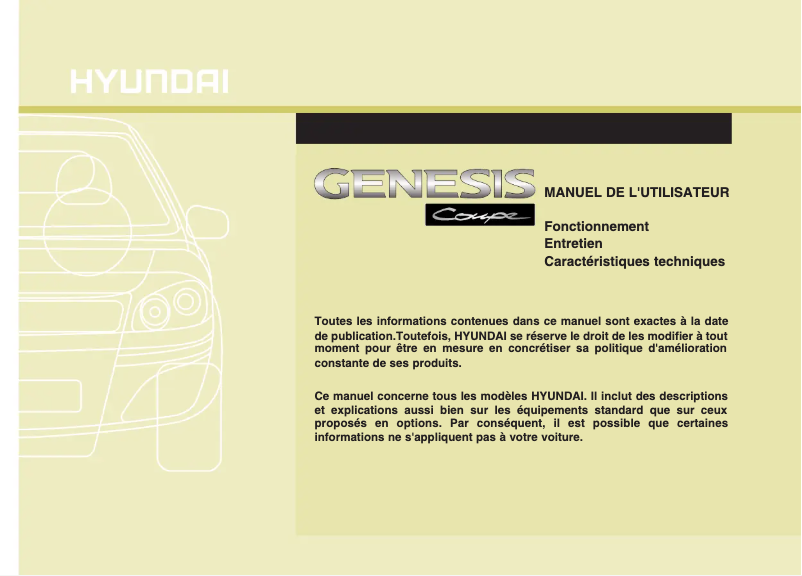 Image de la première page du manuel de l'appareil Genesis Coupe (2011)